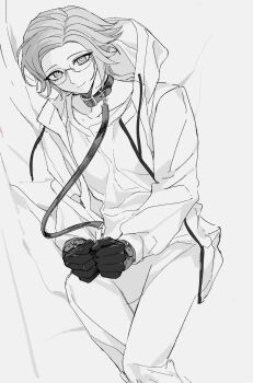 1boy absurdres aotsuki_eito bound bound_wrists collarbone glasses gloves greyscale highres jacket leash looking_at_viewer male_focus monochrome open_clothes open_jacket shirt short_hair smile solo suishui33 the_hundred_line_-last_defense_academy-
