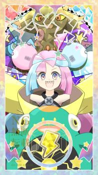 bare_shoulders bellibolt blonde_hair blue_hair border bow-shaped_hair colored_sclera commentary_request eyelashes gakuenlife gen_4_pokemon hair_ornament highres iono_(pokemon) lightning_bolt_symbol luxio mismagius multicolored_eyes multicolored_hair nintendo open_mouth pink_hair pokemon pokemon_(creature) pokemon_sv red_eyes sharp_teeth smile star_(symbol) teeth terastallization two-tone_hair upper_teeth_only watermark wattrel yellow_sclera