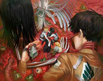 2girls 4boys ankle_lace-up armin_arlert black_hair black_jacket black_pants blonde_hair blood blood_on_clothes brown_jacket commentary corpse covered_eyes dress english_commentary entrails eren_yeager exposed_muscle feathers founding_titan from_above giant giant_skeleton highres holding holding_detached_head ikuta41 intestines jacket kneeling long_hair lying mikasa_ackerman multiple_boys multiple_girls multiple_persona on_back on_stomach organs out_of_frame pants paradis_military_uniform partially_submerged pointy_ears pool_of_blood print_jacket red_scarf scarf seashell severed_head shell shingeki_no_kyojin shirt shoes short_hair size_difference spoilers standing titan_(shingeki_no_kyojin) tooth tree veins white_dress white_footwear white_shirt wing_print ymir_fritz