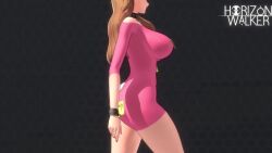 1girl 3d animated anklet arms_at_sides audible_music back barefoot blue_background body_writing bouncing_breasts bracelet breasts brown_eyes brown_hair chain chained_ankles choker closed_mouth colored_skin commentary female_focus gentlemaniac hair_over_shoulder heart heart_choker highres horizon_walker jewelry jiggle kneepits korean_commentary large_breasts looking_ahead multiple_views music nail_polish navel nude official_alternate_costume official_art pasties patterned_background pink_skin purple_lips revealing_clothes simple_background so_joo-hee_(horizon_walker) soles sound sticky_note tape title toenail_polish toenails turnaround unfinished video walking wavy_hair writing_on_ass