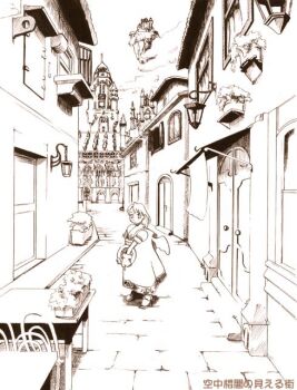 1girl angel_wings arcade_(architecture) arch arched_window architecture archived_source awning bad_link balcony brick_floor building cathedral chair church closed_mouth cloud crosshatching dormer double_doors european_architecture expressionless fingerless_gloves flats floating_island flying_buttress full_body gloves hatching_(texture) hirai_yukio holding holding_tray legs_apart linear_hatching looking_at_viewer medium_hair monochrome open_window_shutter original outdoors plant potted_plant puffy_short_sleeves puffy_sleeves railing robe scenery shoes short_sleeves sky sleeve_cuffs solo spire stairs standing steeple table translation_request tray wall_lamp window window_shutter wings