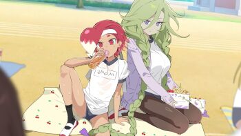 2girls ankle_socks asymmetrical_bangs bare_arms bare_legs black_buruma black_pantyhose black_socks blurry blurry_foreground bottle braid breasts buruma cardigan cherry cherry_print clothes_writing colored_tips commentary_request cookie_run cookie_run:_witch&#039;s_castle day double-parted_bangs drinking drinking_straw eyes_visible_through_hair food food_print foot_out_of_frame fruit fruit_print full_body green_hair hair_behind_ear hair_between_eyes hair_flaps headband highres holding holding_bottle humanization knee_up korean_commentary large_breasts long_hair long_sleeves looking_at_viewer low_twin_braids multicolored_hair multiple_girls ohta_guk_hip open_cardigan open_clothes outdoors panties panty_peak pantyhose parted_lips puffy_short_sleeves puffy_sleeves purple_cardigan purple_eyes radish_cookie red_eyes red_hair rosemary_cookie shirt shoes short_hair short_sleeves sitting socks striped_clothes striped_panties sweat translation_request tsurime twin_braids two-tone_hair underwear very_long_hair water_bottle white_headband white_shirt white_shoes