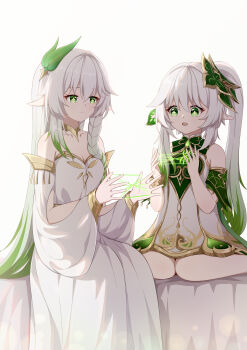 2girls :o absurdres bare_shoulders bed_sheet bracelet braid chinese_commentary commentary_request detached_sleeves dress gem genshin_impact gold_choker gold_trim gradient_hair green_eyes green_gemstone green_hair green_sleeves hair_ornament hands_up highres holding holding_string jewelry kneeling knees_together_feet_apart leaf_hair_ornament light_smile long_hair multicolored_hair multiple_girls mxirony nahida_(genshin_impact) open_mouth pointy_ears rukkhadevata_(genshin_impact) sitting sleeveless sleeveless_dress star-shaped_pupils star_(symbol) strapless strapless_dress string symbol-shaped_pupils very_long_hair white_background white_dress white_hair white_sleeves
