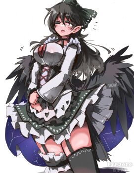 1girl asymmetrical_legwear bird_wings black_bow black_hair black_thighhighs black_wings blush bow breasts commentary constellation_print cross-laced_clothes eye20806972 frilled_skirt frills green_skirt hair_bow highres large_breasts long_hair maid mismatched_legwear one_eye_closed open_mouth pointy_ears red_eyes reiuji_utsuho simple_background skirt solo starry_sky_print thighhighs third_eye touhou white_background wings
