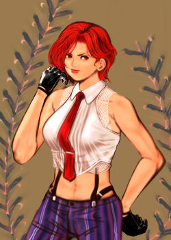 1girl breasts female_focus formal_clothes huge_breasts large_breasts leather pale_skin pants red_eyes red_hair see-through_clothes shirt short_hair suspenders the_king_of_fighters vanessa_(kof) white_shirt xfpysohpewre69v