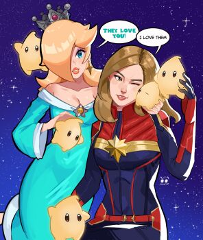 2girls bare_shoulders blonde_hair blue_dress bodysuit breasts brie_larson captain_marvel captain_marvel_(movie) carol_danvers cheek_press crossover crown dress hair_over_one_eye highres luma_(mario) mario_(series) marvel multiple_girls multiple_others nakoneart nintendo space speech_bubble strapless strapless_dress super_mario_galaxy superhero_costume the_super_mario_galaxy_movie voice_actor_connection wide_sleeves
