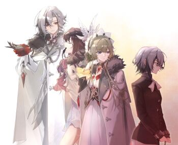 4girls age_progression aiguillette arlecchino_(genshin_impact) black_bow black_corset black_eyes black_hair black_hairband black_hands black_jacket black_pants black_shirt black_sleeves blue_dress blue_eyes bow bowtie breasts bright_pupils brown_hair buttons chain claws clenched_hands closed_eyes closed_mouth coat collarbone collared_jacket collared_shirt colored_extremities columbina_(genshin_impact) commentary corset cowboy_shot crossed_bangs cuffs detached_collar detached_sleeves dress dual_persona english_commentary eye_mask feathered_wings frills fur-trimmed_coat fur_trim gem genshin_impact gradient_background gradient_hair grey_hair hair_between_eyes hair_bow hair_ornament hair_tubes hairband half-closed_eyes hand_up head_wings jacket jewelry lapels long_hair long_sleeves looking_at_another looking_to_the_side mask medium_breasts multicolored_hair multiple_girls multiple_wings open_clothes open_coat open_mouth pants pendant peruere_(genshin_impact) pink_background pink_hair red_gemstone red_pupils sandrone_(genshin_impact) shirt short_dress short_hair short_hair_with_long_locks shorts sidelocks simple_background sleeveless sleeveless_dress smile standing strapless strapless_dress symbol-shaped_pupils teeth two-tone_hair viviwi white_background white_bow white_bowtie white_coat white_dress white_headdress white_jacket white_mask white_pupils white_shirt white_shorts wing_collar wings x-shaped_pupils x_hair_ornament