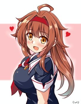 1girl ahoge bakisimu_(kinzokunamekuji) black_serafuku black_shirt breasts brown_eyes brown_hair commentary_request fang hair_flaps hairband heart highres kantai_collection large_breasts long_hair neckerchief pink_background red_hairband red_neckerchief sailor_collar sailor_shirt school_uniform serafuku shiratsuyu_(kancolle) shiratsuyu_kai_ni_(kancolle) shirt solo two-tone_background upper_body whistle whistle_around_neck white_sailor_collar