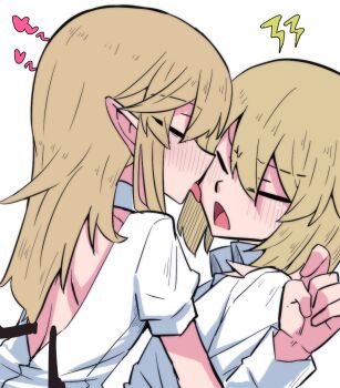 2girls blonde_hair blush closed_eyes collared_shirt flandre_scarlet heart highres long_hair long_sleeves looking_at_another manekinekoppoi_inu multiple_girls no_headwear open_mouth pointy_ears rumia shirt short_hair short_sleeves simple_background smile tongue tongue_out touhou upper_body white_background white_shirt yuri