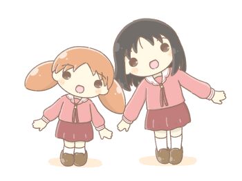 Rule 34 | 2girls, azumanga daioh's school uniform, azumanga daiou, black hair, blush stickers, brown eyes, brown footwear, chibi, height difference, highres, kasuga ayumu, long hair, looking at viewer, mihama chiyo, multiple girls, open mouth, orange hair, pink serafuku, pink skirt, pleated skirt, sailor collar, school uniform, serafuku, shadow, short hair, short twintails, simple background, skirt, smile, socks, twintails, wafu (wafu39080), white background, white sailor collar, white socks
