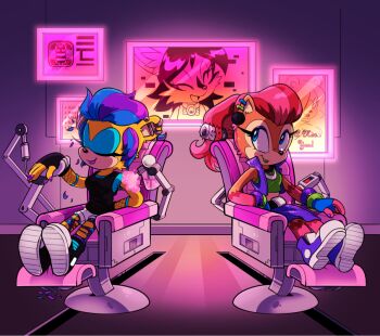 3girls alternate_hairstyle animal_ears black_gloves black_tank_top blue_eyes blue_gloves blue_hair brown_fur closed_eyes commission deebs ear_piercing eyelashes fingerless_gloves gloves green_lips hair_rollers jacket lipstick makeup mina_mongoose multicolored_hair multiple_girls nail_polish nicole_(sonic) nicole_the_holo-lynx open_mouth piercing pink_hair purple_hair purple_jacket purple_lips purple_nails red_hair sally_acorn salon shoes shorts sidelocks sitting smile sonic_(series) sonic_the_hedgehog_(archie_comics) tank_top two-tone_hair white_shorts yellow_fur