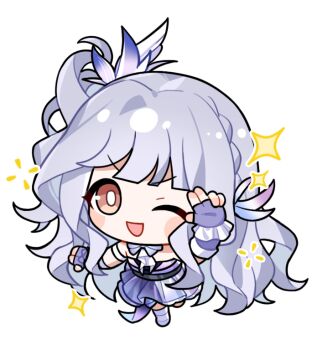 1girl arm_up armlet artist_request bare_shoulders belt black_belt black_shirt blunt_bangs blush_stickers bow bowtie braid bright_pupils brooch brown_eyes chibi circle_skirt closed_mouth elbow_gloves eyelashes feather_hair_ornament feathers fingerless_gloves frilled_gloves frilled_skirt frills from_above gloves grey_bow grey_bowtie grey_hair hair_ornament happy idol infinity_nikki jewelry kneehighs layered_skirt leg_up long_hair looking_at_viewer miniskirt nikki_(series) official_art one_eye_closed one_side_up open_clothes open_vest pleated_skirt purple_gloves purple_skirt purple_vest shirt shoes side_braid single_braid skirt smile socks solo sparkle starry_nocturne_(infinity_nikki) strapless strapless_shirt tareme transparent_background v-shaped_eyebrows very_long_hair vest wavy_hair white_pupils white_shoes white_socks wing_hair_ornament
