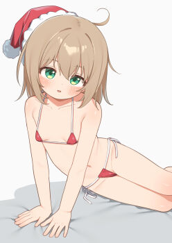 1girl bikini blush breasts brown_hair commentary_request green_eyes hat highres loli looking_at_viewer matanukinuki micro_bikini navel original red_bikini santa_hat side-tie_bikini_bottom small_breasts solo swimsuit