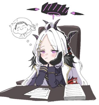 1girl 5zymp ^_^ black_gloves black_jacket black_ribbon blue_archive blush chair closed_eyes coat coat_on_shoulders desk doodle_sensei_(blue_archive) fur-trimmed_coat fur_trim gloves hair_ribbon halo hina_(blue_archive) horns jacket long_hair long_sleeves multiple_horns paper paper_stack pink_eyes ribbon sensei_(blue_archive) simple_background sitting speech_bubble thought_bubble upper_body waving_arms white_background white_hair
