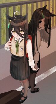 2girls ahoge animal_ears backpack bag bags_under_eyes black_eyes black_hair black_shoes black_skirt brown_cardigan cardigan closed_mouth collared_shirt crossed_bangs dual_persona ear_tag earrings furrowed_brow grey_pantyhose hair_between_eyes hair_ornament hairclip highres holding_hands horror_(theme) horse_ears horse_girl jewelry long_bangs long_hair long_hair_between_eyes long_sleeves looking_at_viewer manhattan_cafe_(umamusume) multicolored_hair multiple_girls no_pupils pantyhose parted_lips pleated_skirt randoseru red_bag sakura_empire_(emblem) sango0707315 shirt shoes single_earring skirt smile sunday_silence_(racehorse) umamusume very_long_hair wavy_mouth white_hair white_shirt yellow_eyes