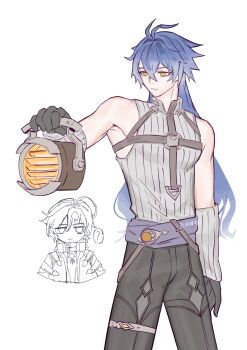 Rule 34 | 2boys, ?, ahoge, bare shoulders, black gloves, black pants, commentary, detached sleeves, english commentary, expressionless, flins (genshin impact), genshin impact, gloves, highres, holding, holding lamp, illuga (genshin impact), long hair, multiple boys, pants, remin art, speech bubble, white background, yellow eyes