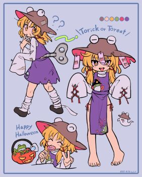 1girl ? ?? ^_^ animal_print bandaged_leg bandages barefoot black_shoes blonde_hair brown_hat candy closed_eyes color_guide commentary_request cosplay crank dated english_text food frankenstein&#039;s_monster frankenstein&#039;s_monster_(cosplay) frog frog_print full_body hair_ribbon halloween halloween_bucket happy_halloween hat highres holding holding_candy holding_food holding_lollipop kneehighs lollipop long_hair long_sleeves looking_at_viewer moriya_suwako multiple_views nail_(hardware) nail_polish outstretched_arms patchwork_clothes pelvic_curtain purple_skirt purple_vest ramudia_(lamyun) red_ribbon ribbon shirt shoes side_slit skirt sleeves_past_fingers sleeves_past_wrists socks standing stitched_face stitches toenail_polish toenails tongue tongue_out torn_clothes torn_skirt touhou tress_ribbon v vest white_shirt white_socks yellow_background zombie_pose