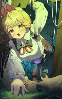 1girl @_@ absurdres alice_thymefield animal_ears black_pantyhose blonde_hair hair_ornament hand_up heterochromia highres long_hair long_sleeves looking_at_viewer low_twintails maeru open_mouth outdoors pantyhose rabbit_ears rabbit_girl red_eyes shirt skirt solo sphere_hair_ornament teeth twintails upper_teeth_only very_long_hair white_shirt yellow_eyes zenless_zone_zero