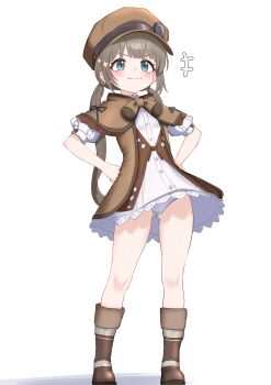 +++ 1girl :3 absurdres aqua_eyes blush boots brown_boots brown_capelet brown_hair brown_jacket cameltoe capelet closed_mouth clothes_lift commentary_request commission crotch_seam dress dress_lift full_body gluteal_fold hands_on_own_hips highres jacket low_twintails oldsickkim open_clothes open_jacket original panties pantyshot puffy_short_sleeves puffy_sleeves short_dress short_sleeves simple_background smile solo standing twintails underwear white_background white_dress white_panties wind wind_lift wispy_bangs