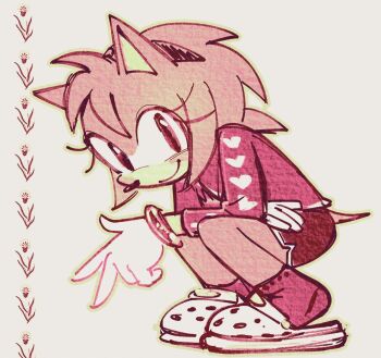 1girl amy_rose animal_ears animal_nose black_hairband black_shorts blush bracelet cowlick crocs gloves gold_bracelet hairband heart heart_print hedgehog_girl jewelry long_eyelashes long_sleeves looking_at_viewer maitroll pink_fur pink_hair pink_socks pink_sweater short_tail shorts smile socks solo sonic_(series) squatting sweater tail v white_gloves