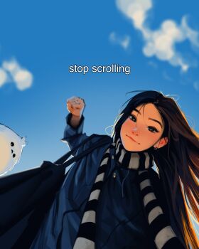 1girl bag black_eyes black_hair black_scarf blue_coat blue_sky brown_eyes brown_hair closed_mouth cloud coat day earrings english_text highres jewelry long_hair long_sleeves looking_at_viewer multicolored_scarf outdoors sam_yang scarf sky smile solo striped_clothes striped_scarf white_scarf