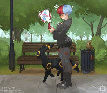 absurdres bea_(pokemon) bench blue_hair blush boots bush commentary english_commentary gen_1_pokemon gen_2_pokemon glasses grass highres long_sleeves mars_symbol mrfuga multicolored_hair multiple_girls nature nintendo outdoors pantyhose park_bench path penny_(pokemon) pidgey plant pokemon pokemon_(creature) pokemon_sv red_hair road round_eyewear short_hair trash_can tree two-tone_hair umbreon venus_symbol