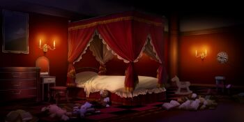 artist_request bed bedroom book book_stack broken candelabra candlestand canopy_bed checkered_floor dart dartboard drawer game_cg highres horse indoors mirror no_humans pillow rocking scarlet_devil_mansion stuffed_animal stuffed_toy stuffing table teddy_bear third-party_source touhou touhou_lostword toy_block vanity_table