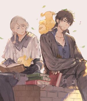 2boys animal animal_on_shoulder barnabas_tharmr beard_stubble bird bird_on_shoulder black_gloves black_hair black_shirt blue_eyes book book_stack boots braid chocobo collared_shirt commentary_request crossed_arms crossed_legs facial_hair falling_leaves final_fantasy final_fantasy_xvi furrowed_brow gloves gold_trim grabbing_another&#039;s_hair grey_eyes grey_hair hair_between_eyes holding holding_another&#039;s_hair holding_book j2_path leaf looking_at_another male_focus medium_hair multiple_boys open_book parted_lips reading shirt short_hair side_braid sitting sleipnir_harbard stubble sweatdrop thigh_boots white_shirt