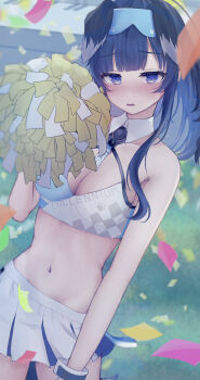 140219 1girl animal_ears black_hair blue_archive blush breasts cheerleader commentary_request confetti dog_ears dog_girl dog_tail goggles goggles_on_head halo hibiki_(blue_archive) hibiki_(cheer_squad)_(blue_archive) highres holding holding_pom_poms long_hair looking_at_viewer millennium_cheerleader_outfit_(blue_archive) navel official_alternate_costume open_mouth pom_pom_(cheerleading) pom_poms skirt solo standing tail yellow_halo