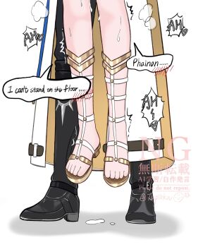 1boy 1girl black_boots boots coat commentary cyrene_(honkai:_star_rail) cyrene_(philia093)_(honkai:_star_rail) english_text gladiator_sandals hanging_legs hetero highres honkai:_star_rail honkai_(series) lower_body phainon_(honkai:_star_rail) sandals simple_background speech_bubble spoken_blush suggestive_fluid tapiocaballtea toes white_background white_coat