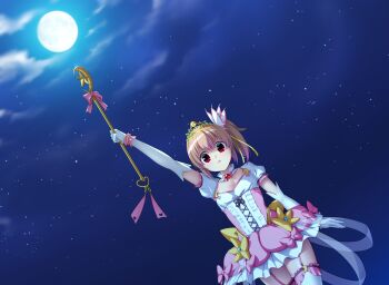 1girl arm_up blonde_hair bow breasts brown_hair cleavage dress dutch_angle elbow_gloves full_moon game_cg garter_straps gloves large_variant_set lunatic_angel magical_girl moon nanao_(mahaya) night night_sky non-web_source ochite_iku_seisenshi_lunatic_angels official_art red_eyes shindou_makina short_hair side_ponytail sky solo star_(sky) starry_sky thighhighs tiara variant_set wand white_gloves