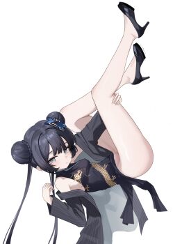 1girl absurdres armpit_crease artist_name bare_shoulders black_dress black_hair black_jacket black_shoes blue_archive blunt_bangs blush braid breasts bun_with_braided_base butterfly_hair_ornament china_dress chinese_clothes clothes_lift commentary covered_erect_nipples covered_navel double_bun dragon_print dress dress_lift from_side full_body grey_eyes hair_bun hair_intakes hair_ornament high_heels highres hugging_own_legs jacket kisaki_(blue_archive) legs legs_up long_hair long_sleeves looking_at_viewer lying no_bra no_panties no_socks on_back open_clothes open_jacket parted_lips pelvic_curtain print_dress shadow shiny_skin shoes sideboob sidelocks simple_background sleeveless sleeveless_dress small_breasts solo striped_clothes striped_jacket thighs twintails vertical-striped_clothes vertical-striped_jacket very_long_hair white_background xiaoxiaoyifan