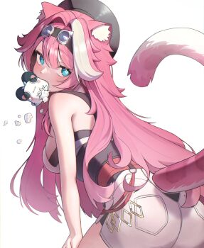 1girl absurdres animal_ears aqua_eyes blue_eyes breasts cat_ears cat_girl cat_tail commentary gabigangx goggles goggles_on_head hands_on_own_knees highres hololive hololive_english large_breasts long_hair looking_at_viewer looking_back pink_hair raora_panthera short_shorts shorts simple_background tail virtual_youtuber white_background