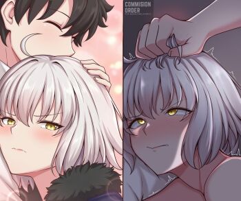 1boy 1girl ahoge black_hair blush centauri-d close-up closed_eyes closed_mouth commentary commissioner_name english_commentary fate/grand_order fate_(series) fujimaru_ritsuka_(male) fur_trim grabbing_another's_hair grey_hair hand_on_another's_head highres holding_another's_hair implied_sex jeanne_d'arc_alter_(avenger)_(fate) jeanne_d'arc_alter_(fate) jeanne_d'arc_alter_(ver._shinjuku_1999)_(fate) short_hair trembling twitter_username yellow_eyes
