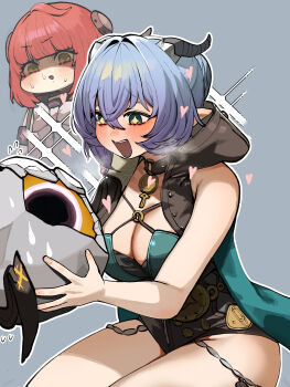 +_+ 2girls :d absurdres armpit_crease bare_shoulders black_sailor_collar black_unitard blue_hair bow breasts cardigan choker chroong cleavage commentary_request creature ethereal_(zenless_zone_zero) fingernails goat_girl goat_horns green_eyes grey_background hair_between_eyes highres holding holding_creature hood hood_down horns korean_commentary lucia_elowen multiple_girls o-ring o-ring_top open_mouth pink_cardigan pointy_ears red_hair sailor_collar simple_background smile sweat thighs ukinami_yuzuha white_bow zenless_zone_zero