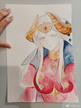 1girl absurdres bad_link breasts cape closed_mouth edelgard_von_hresvelg edelgard_von_hresvelg_(timeskip) fire_emblem fire_emblem:_three_houses highres horns kisetsu looking_at_viewer medium_breasts nintendo pantyhose purple_eyes red_cape simple_background solo upper_body white_background white_eyes white_hair