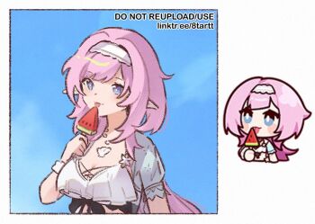 1girl 8tartt bikini blue_eyes blue_sky breasts chibi chibi_inset cleavage commentary elf elysia_(honkai_impact) elysia_(miss_pink_elf)_(honkai_impact) elysia_(summer_miss_elf)_(honkai_impact) food hairband holding holding_food holding_popsicle honkai_(series) honkai_impact_3rd jewelry large_breasts licking long_hair necklace official_alternate_costume official_art_inset pink_hair pointy_ears popsicle reference_inset shell shell_necklace sky solo swimsuit symbol-only_commentary upper_body very_long_hair white_bikini white_hairband