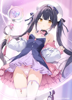 1girl :o beret black_dress black_hair black_ribbon blurry blurry_background blush cat_hair_ornament detached_sleeves dress hair_ornament hair_ribbon hat highres holding holding_wand karory long_sleeves looking_at_viewer magical_girl open_mouth original panties purple_eyes purple_panties purple_thighhighs ribbon sidelocks solo thighhighs thighs twintails two-tone_dress underwear wand white_hat yellow_eyes