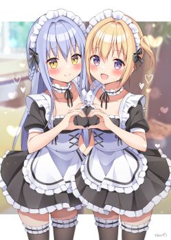 2girls :d apron black_choker black_dress black_thighhighs blonde_hair blush choker closed_mouth commentary_request cowboy_shot dress frilled_apron frilled_choker frilled_dress frilled_thighhighs frills heart heart_hands heart_hands_duo highres letterboxed long_hair maid maid_headdress multiple_girls open_mouth original outside_border purple_eyes ribbon_choker short_hair short_sleeves smile thighhighs tobio_illust white_apron yellow_eyes