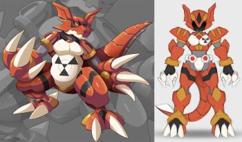 Rule 34 | 1boy, bodysuit, claws, digimon, digimon (creature), dinosaur, facial mark, full body, guilmon, highres, legs apart, mechanization, mega man (series), mega man zero (series), mega man zx, no humans, non-humanoid robot, parody, red tail, robot, science fiction, solo, standing, style parody, tail, ultimatemaverickx, unworn bodysuit, yellow eyes