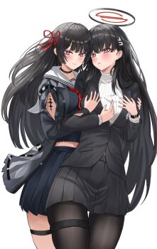 2girls absurdres arm_cutout ayloss black_choker black_hair black_jacket black_pantyhose black_serafuku black_shirt black_skirt blue_archive blush breasts chisa_(wuthering_waves) choker closed_mouth clothing_cutout collarbone commentary cowboy_shot crop_top crossover fingernails hair_ornament hair_ribbon halo hashtag-only_commentary highres jacket large_breasts long_hair long_sleeves look-alike multiple_girls neckerchief pantyhose parted_lips red_eyes red_neckerchief red_ribbon ribbon ringed_eyes rio_(blue_archive) sailor_collar school_uniform serafuku shirt skirt smile suit_jacket tacet_mark_(wuthering_waves) thigh_gap thigh_strap thighs turtleneck turtleneck_shirt very_long_hair watch white_sailor_collar white_shirt wristwatch wuthering_waves