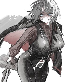 Rule 34 | 1girl, absurdres, black jacket, black pants, black vest, blue eyes, breasts, brown sweater, faust (project moon), grey hair, hair between eyes, highres, holding, holding sword, holding weapon, jacket, jacket on shoulders, kisaaka, large breasts, limbus company, medium hair, pants, project moon, solo, sweater, sword, vest, weapon, zweihander