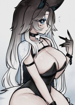 1girl animal_ears black_choker black_hands black_leotard breasts cape chain chain_bracelet choker cleavage closed_mouth collarbone colored_extremities facial_mark fang fang_out fur-trimmed_cape fur_trim grey_hair halloween highleg highleg_leotard highres indie_virtual_youtuber large_breasts leotard long_hair looking_at_viewer multicolored_hair okariin okariin_(vtuber) sitting solo strapless strapless_leotard streaked_hair tail thighs very_long_hair virtual_youtuber white_background white_cape white_hair wolf_ears wolf_girl wolf_tail