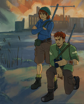 1boy 1girl bag bandaged_arm bandages beanie binoculars blue_shirt brown_hair crossed_arms cuno cunoesse_vittulainen disco_elysium full_body green_jacket gun hat highres holding holding_binoculars in-universe_location jacket on_one_knee outdoors shirt short_hair shotgun shoulder_bag ssshiversss standing sunrise weapon weapon_on_back