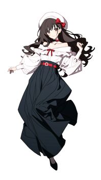 1girl absurdres artist_self-insert bare_shoulders belt beret black_belt black_skirt bow breasts brown_eyes brown_hair chinese_commentary choker closed_mouth collarbone commentary_request earrings full_body hair_bow hat highres jewelry long_hair long_skirt long_sleeves looking_at_viewer off-shoulder_shirt off_shoulder original pressplus puffy_long_sleeves puffy_sleeves red_belt red_bow red_choker red_pupils shirt shoes simple_background skirt smile solo wavy_hair white_background white_shirt