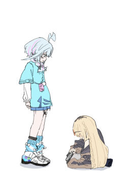 1nose_yuuka 2girls absurdres ahoge blonde_hair blue_eyes blue_hair blue_shirt braid from_side highres hololive hololive_dev_is koganei_niko koganei_niko_(1st_costume) lightning_ahoge long_hair long_sleeves looking_down low_twin_braids medium_hair mizumiya_su mizumiya_su_(1st_costume) multiple_girls no_jacket on_floor shirt simple_background standing taking_picture twin_braids virtual_youtuber white_background white_sleeves