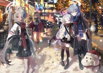 4girls ako_(blue_archive) alternate_costume black_boots black_shoes black_thighhighs blue_archive blue_eyes blue_hair boots brown_hair chinatsu_(blue_archive) commentary demon_horns demon_wings english_commentary ggoc_ill grey_hair hair_between_eyes halo highres hina_(blue_archive) horns iori_(blue_archive) long_hair looking_at_viewer multiple_girls open_mouth outdoors pointy_ears prefect_team_(blue_archive) red_eyes scarf shoes smile standing thigh_boots thighhighs twintails wings winter_clothes winter_uniform