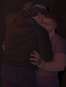 2boys against_wall bara beard_stubble black_hair call_of_duty call_of_duty:_modern_warfare_2 closed_eyes couple denim facial_hair feet_out_of_frame ghost_(modern_warfare_2) heads_together highres jeans male_focus manitapaleta mask mask_lift mature_male multiple_boys muscular muscular_male pants short_hair skull_mask soap_(modern_warfare_2) stubble thick_eyebrows undercut yaoi