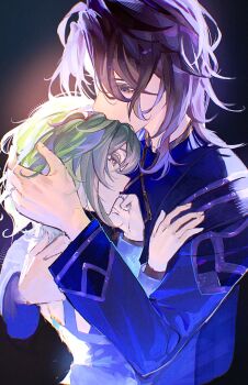 1boy 1girl backlighting black_background blue_gemstone clenched_hand coat couple dress eyelashes fingernails gem genshin_impact green_hair grey_eyes hand_in_another&#039;s_hair hand_on_another&#039;s_back hand_on_another&#039;s_chest hand_on_own_face harukiryo height_difference hetero highres jewelry kissing_hair long_sleeves looking_at_another open_mouth purple_coat purple_dress purple_eyes purple_hair purple_sleeves rerir_(genshin_impact) ring tholindis_(genshin_impact) wedding_ring