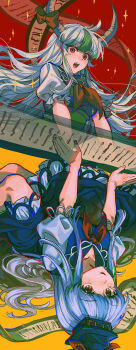 Rule 34 | 2girls, absurdres, arm support, blue dress, blue hat, bow, brown eyes, collarbone, commentary request, dress, dual persona, ex-keine, grey hair, hat, highres, horn bow, horn ornament, horns, kamishirasawa keine, long hair, looking at viewer, medium dress, multicolored hair, multiple girls, neckerchief, noriuma, nose, parted lips, puffy short sleeves, puffy sleeves, red bow, red neckerchief, scroll, short sleeves, touhou, two-tone hair, very long hair, wavy hair, yellow background